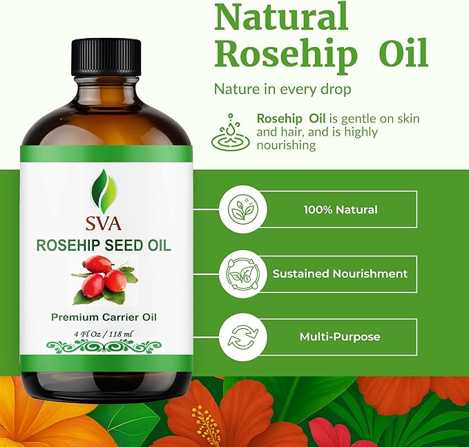 SVA Rosehip Seed Oil - 4 Fl Oz – 100% Natural & Cold Pressed - for Face, Skin Care, Hair Care, Scalp Massage & Body Massage – Carrier Oil with Dropper
