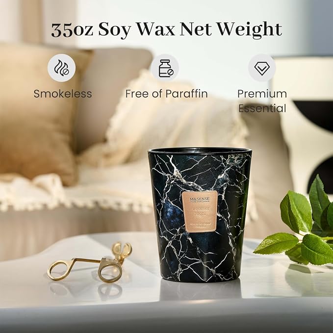 M&SENSE Extra Large Candle 35oz 150H LeatherNight Scented Candle,3 Wick Highly Scented Jar Candle, XL Candles Gift for Women and Men