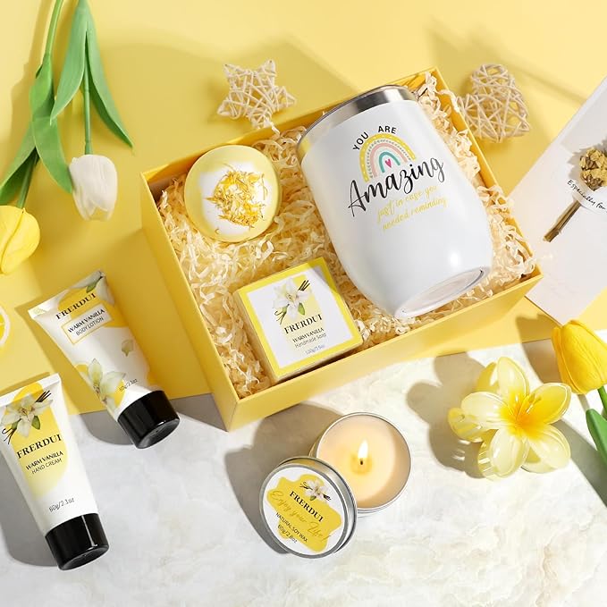 Birthday Gifts for Women, Relaxing Spa Gift Baskets for Women, Warm Vanilla Self Care Bath and Body Gift Set Care Package for Her Wife Mom Female Friends Bestie Sister Mothers Day Gifts