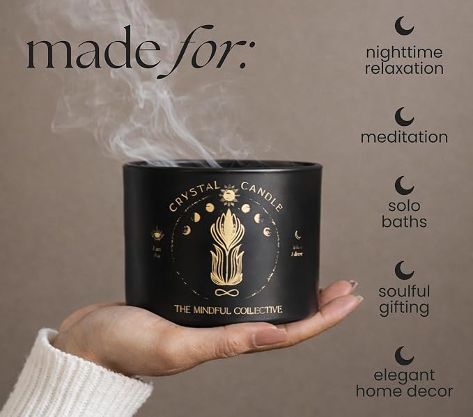Large Candles for Women - 12oz Soy Wood Wick Candles that Crackle with Crystals and Healing Stones. Non-Toxic Scented, Luxury Aromatherapy (Crystal Black Candle)