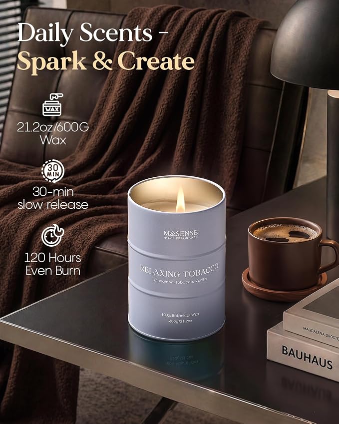 M&SENSE Vanilla Tobacco Scented Candles Large, Natural Soy Candles 21.2oz 120 Hour Slow Burning,Aromatherapy Candle for Stress Relief Meditation Relaxing