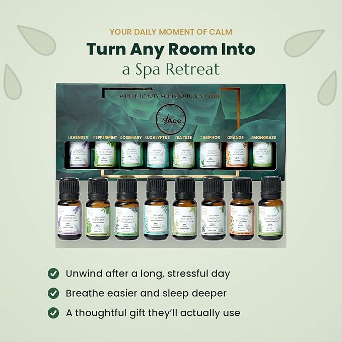 My Ace Essential Oils Aromatherapy Set of 8x0.33 Oz for Diffuser, Massage, Skin, Hair, Candle & Soap Making, Home - Peppermint, Lavender, Eucalyptus, Tea Tree, Rosemary, Camphor, Lemongrass, Orange