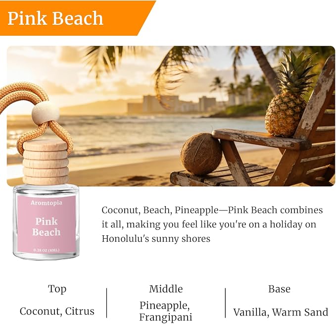 Car Air Fresheners 2 Packs, Aromtopia Pink Beach Essential Oil Freshener for Cars, Cute Hanging Car Fragrance Diffuser for Women & Men, Long-Lasting Car Fragrance Gift