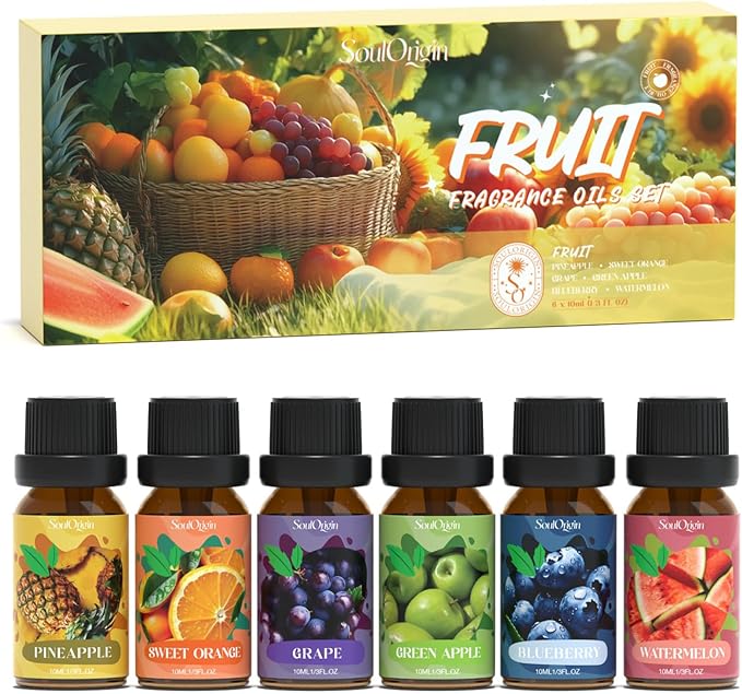 Soulorigin Fruit Essential Oils Set, Fragrance Oil Set for Diffuser, Scent Diffuser Oil for Candle Making- Pineapple, Sweet Orange, Grape, Green Apple, Blueberry, Watermelon
