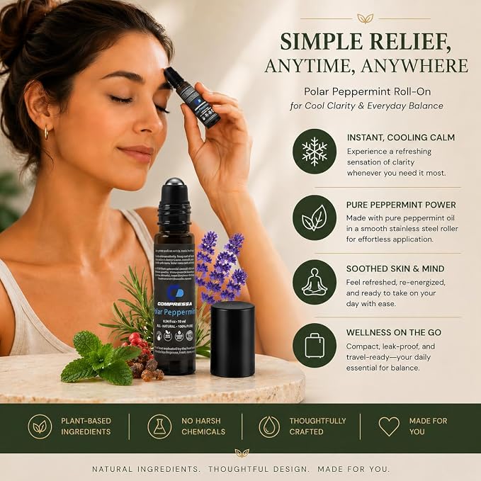 Polar Peppermint Essential Oil Roll-On 10 ml – 100% Pure & Natural Peppermint Aromatherapy Roller – Cooling Sensation for Focus, Relaxation & Daily Wellness
