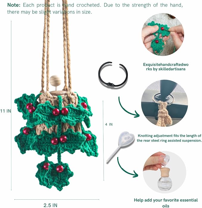 ROFIGL Handmade Crochet Car Air Freshener - Crochet hanging holly plants with 12ml Empty Refillable Oil Diffuser Bottle, Green Car Accessory for Mirror Decor and Home Decor