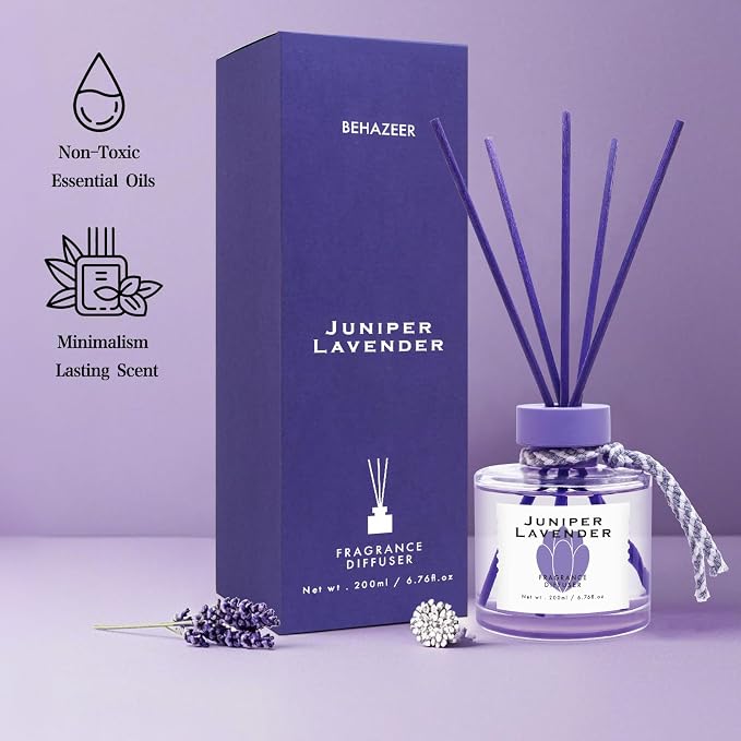 Juniper Lavender Reed Diffuser, 6.77OZ/200ML Large Capacity Natural Non-Toxic Oil, Long-Lasting Fragrance Reed Diffusers Set for Home and Bathroom, Aroma with 5 Reed Diffuser Sticks