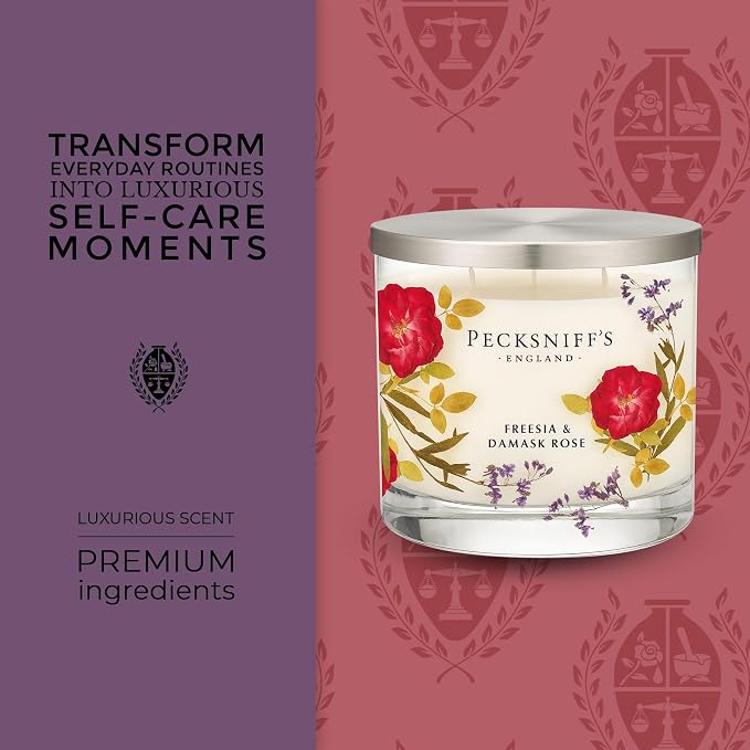 Pecksniff’s 3 Wick Candle – Freesia & Damask Rose, 550 g / 19.4 oz – Long Lasting Burn, Elegant Home Decor & Relaxing Ambiance
