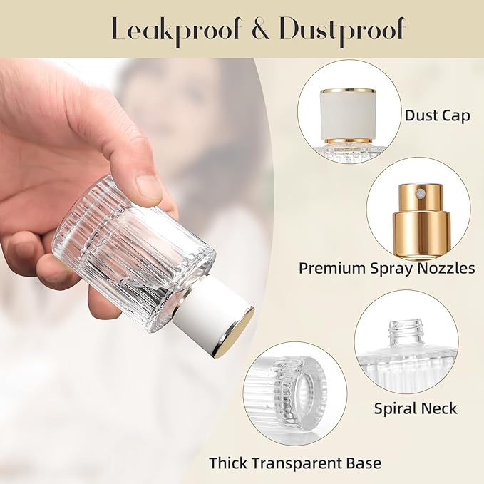 1 Pack Empty Perfume Spray Bottles, 50ML Ribbed Glass Atomizer Spray Bottle for Men and Women, Travel Refillable Perfume Atomizer for Sample Dispenser and Home Decor, White Cap