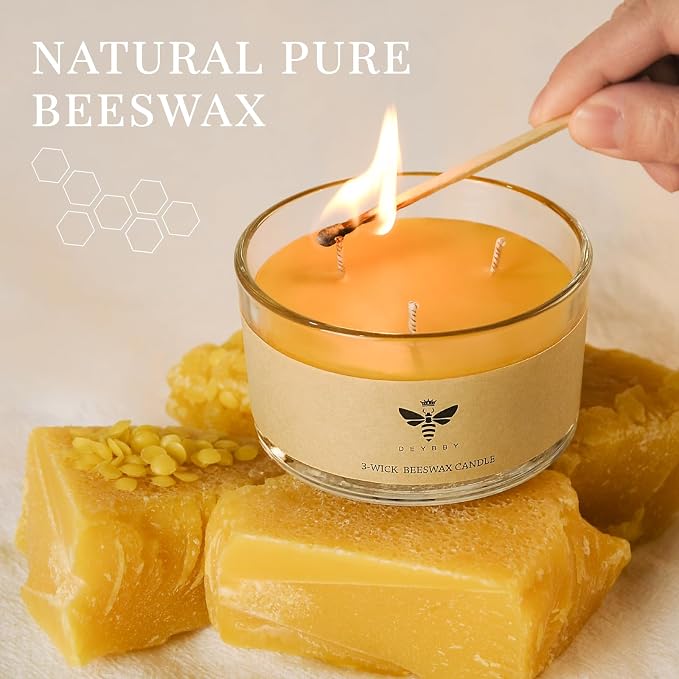 DEYBBY Beeswax Jar Candle - 3 Wick Beeswax Candle Gift - Handpour Candle with Natural Scent for Home Decor Bath Relaxation Houusewarming Gift
