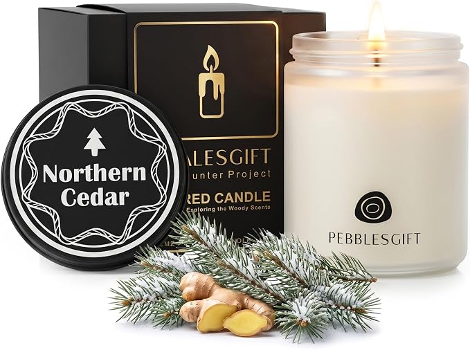 Northern Cedar Woody Scented Candle 9oz Soy Wax Frosted Glass Jar for Home Decor - Scent Hunter Scented Card Included - Ideal Gift for Self-Care & Relaxation for Men & Women Gift