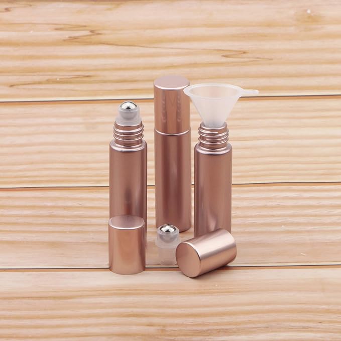 8Pcs 10ml Essential Oil Roller Bottles, 1/3 oz Refillable Roll On Vials with Funnels, Small Glass Containers with Stainless Steel Ball for Perfumes Aromatherapy Liquid, Matte Rose Gold