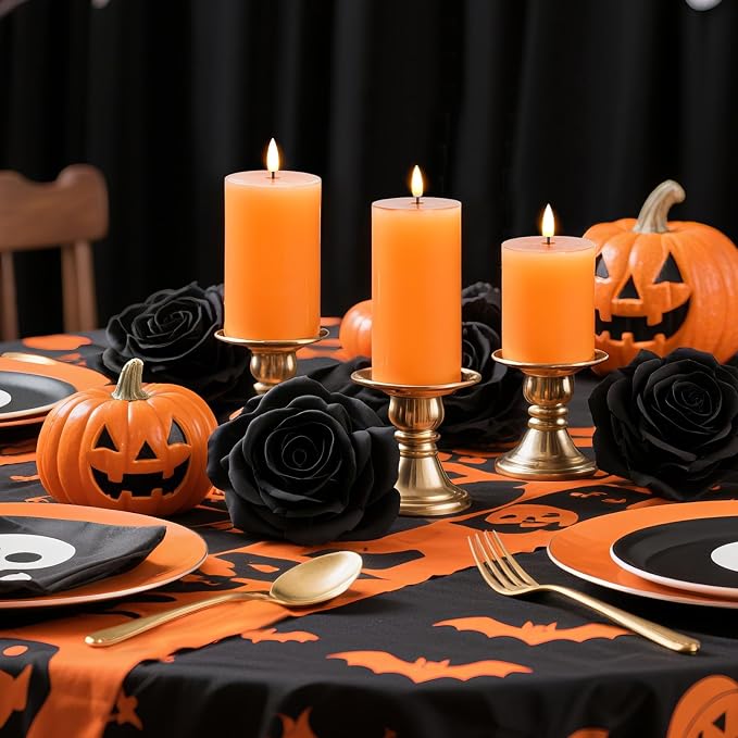 Homemory Halloween Orange Flameless Candles Battery Operated with Remote Timer, Real Wax LED Pillar Candle for Halloween Decoration, Fall Decor, Harvest Festival Gifts, H456, Set of 3