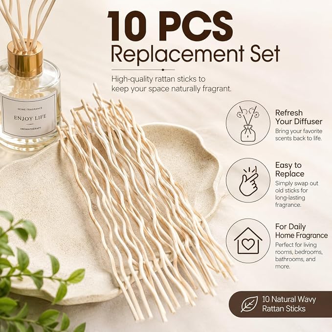 10Pcs Wavy Rattan Reed Diffuser Sticks, Natural Rattan Fragrance Aromatherapy Volatile Replacement Refill Essential Sticks