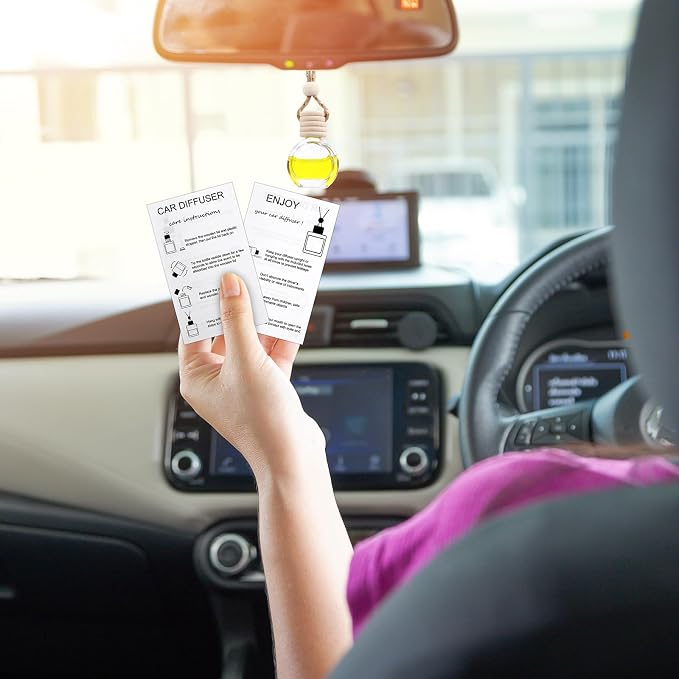 Boao 50 Sets Hanging Car Air Freshener Diffuser Bottles with 2 x 3.54 Inch Car Diffuser Instructions Cards for Empty Essential Oil Bottles(White Card,Round)