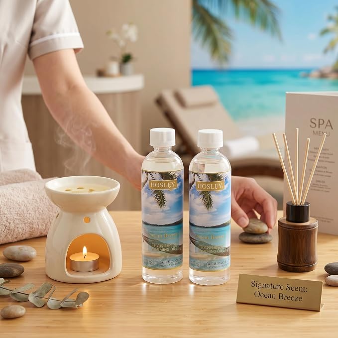 Hosley Set of 2 Ocean Breeze Fragrance Warming Oils 6 Ounce. Ideal for spa Meditation Bathroom Settings