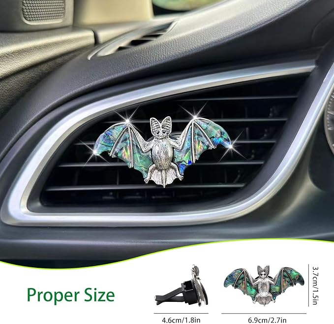 ORIESSE Bat Air Vent Clip Car Air Freshener Outlet Clips Natural Abalone Shell Seashell Color Vampire Bat Car Accessories Gothic Car Decor Refillable Car Diffuser Clips (Big Bat)