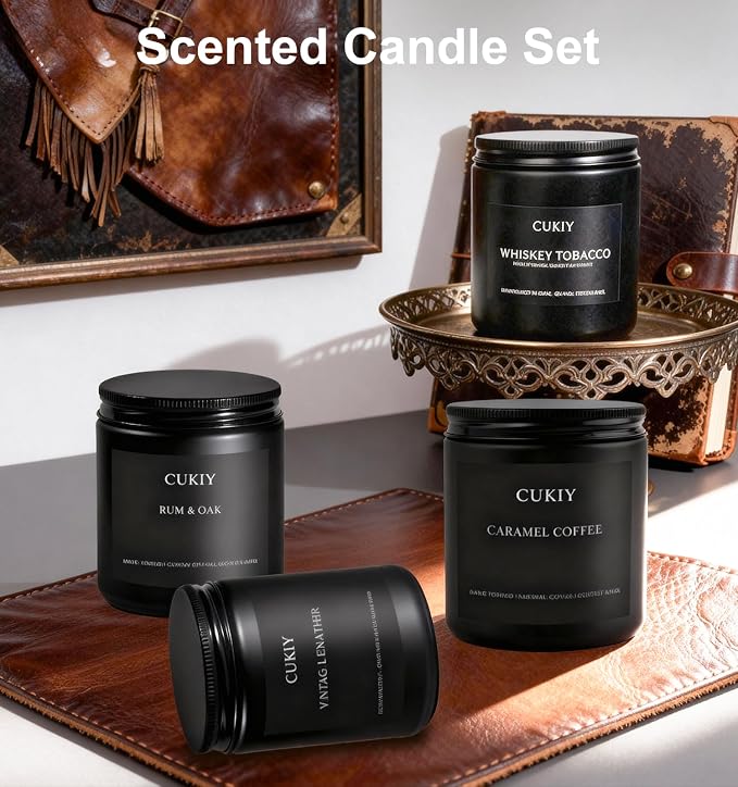Scented Candle Gift Set, 4 Pack 25oz Soy Wax Candles, Long Lasting Aromatherapy Candles for Home Fragrance, Ideal Gift for Women and Men – Vintage Leather, Caramel Coffee, Rum Oak, Whiskey Tobacco