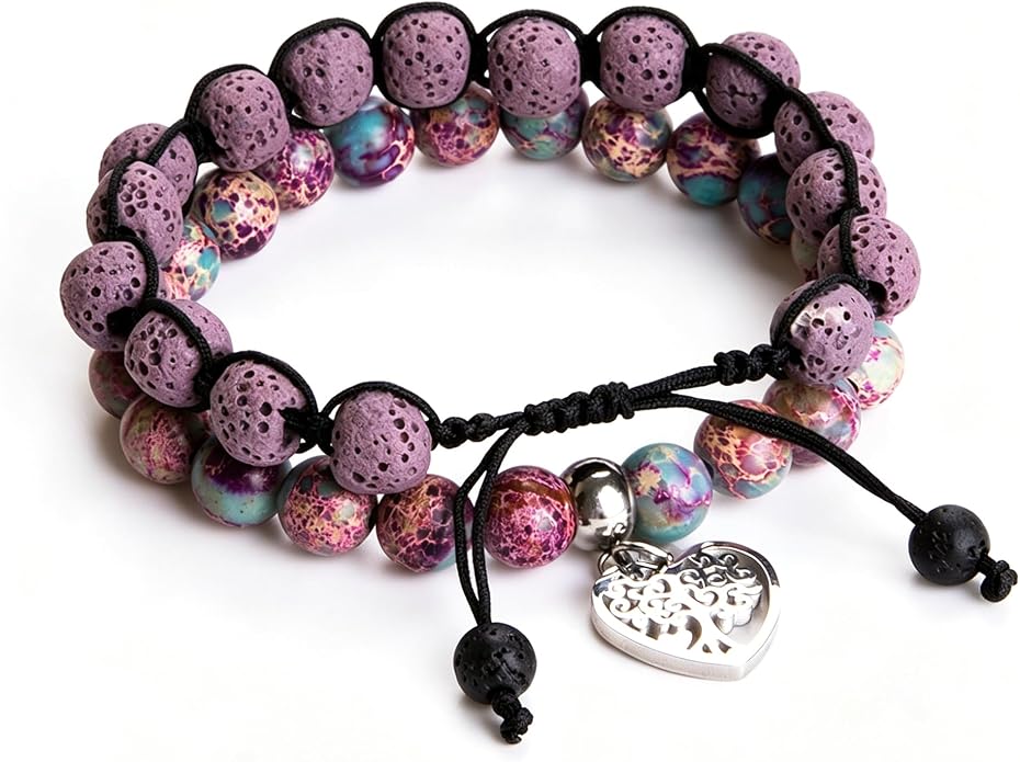Bivei Life Tree Bracelet - Lava Stone Essential Oil Gemstone Beaded Yoga Meditation Regalite Stone Beach Charm Bracelet Set