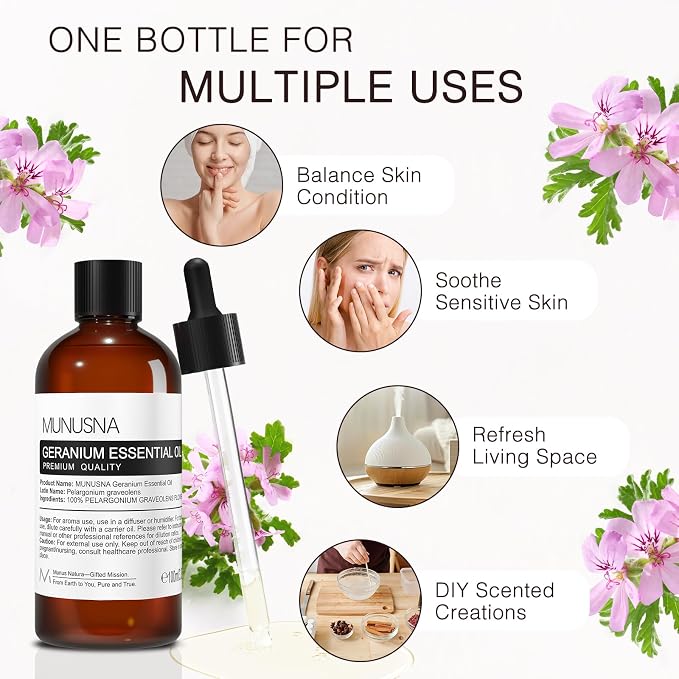 Geranium Essential Oil 100ML, 100% Pure Geranium Oils Aromatherapy Oil for Diffuser, Skin Care, Massage, Yoga, Home Fragrance, Soap and Candle Makings