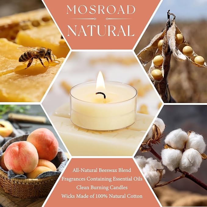 Beeswax Blend Tealight Candles - Honey Peach Scented, 16 Packs Fruity Scented Tea Candles for Home, Highly Scented with Natural Oils, Aromathey Tea Light Candles for Relax, 4-Hour Burn Time