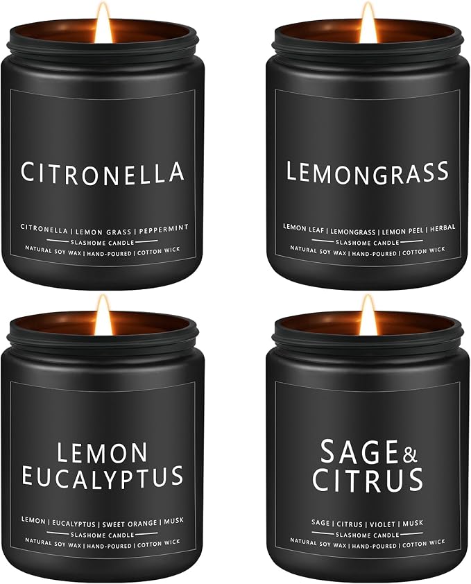 Citronella Candles Outdoor, Scented Candles Soy Jar Candle for Outdoor Patio Indoor Home Scented - Citronella/Lemon Eucalyptus/Lemongrass/Sage & Citrus, Gifts for Father Dad & Men (7oz - 4 Pack)