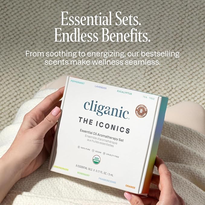 Cliganic Organic Aromatherapy Essential Oils Gift Set (Top 8), 100% Pure - Peppermint, Lavender, Eucalyptus, Tea Tree, Lemongrass, Rosemary, Frankincense & Orange