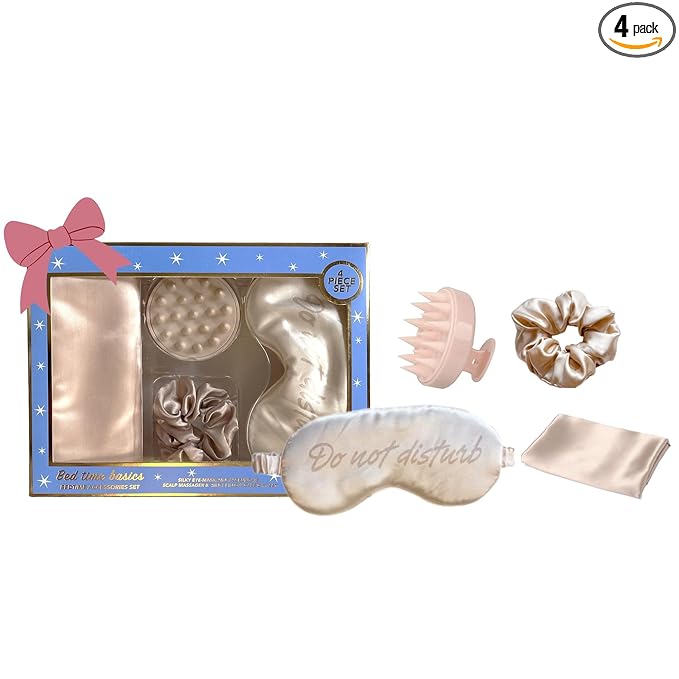 Holler And Glow Bedtime Basics Accessories Mother's Day Set, Limited Edition, Sleep Eye Mask, Silk Scrunchie, Hair Growth Scalp Massager, Satin Pillowcase, Beauty Sleep For Women, 4 Piece Gift Set