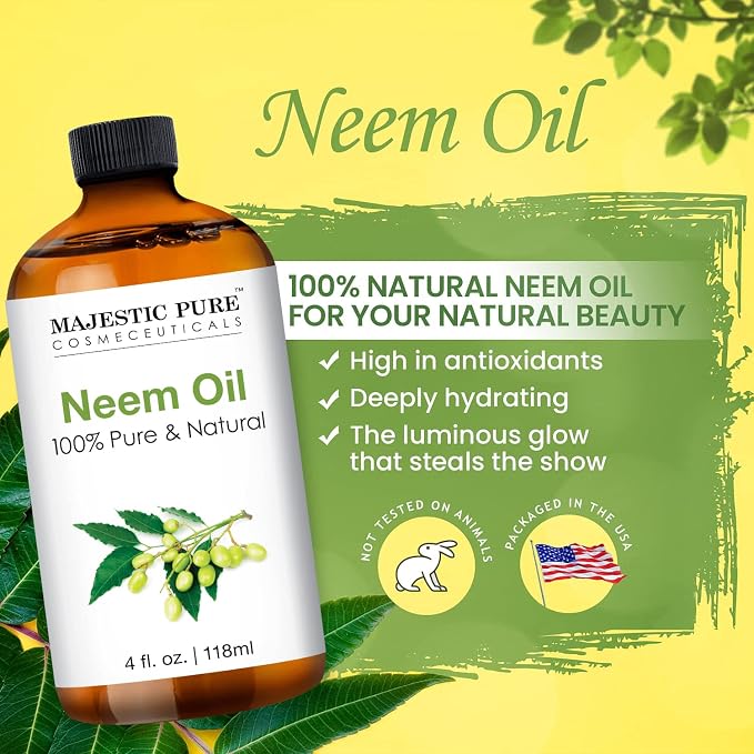 Majestic Pure Essential Oil with Glass Dropper - 100% Pure and Natural - Essential Oils for Diffuser, Aromatherapy, Soap and Candle Making, Neem Essential Oil, Neem Oil, 4 Fl Oz