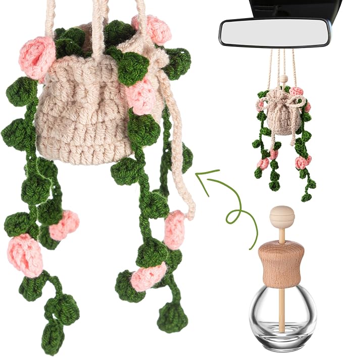 DaisyInner Cute Crochet Plant Car Freshener 12ml Empty Refillable Diffuser Bottle with Plants Hanging Accessories for Ornaments Charms Rearview Mirror Home Office Decor Women Gifts(Flower)