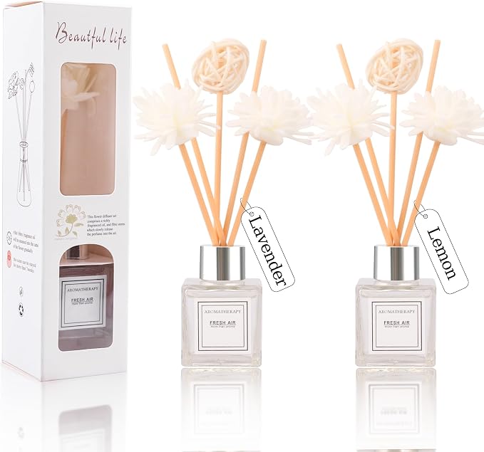 Reed Diffuser Set of 2, Lavender & Lemon Scent Oil Diffuser with Sticks for Home Fragrance, Office Living Bedroom Decor, Bathroom Decor and Accessories, Air Fresheners Gift Set, 1.7 fl oz/50ml x 2