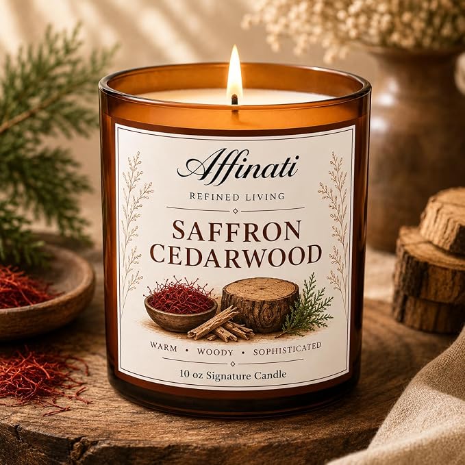 Affinati Saffron Cedarwood Signature Candle - 10 oz Luxury Soy Blend Wax Candle, Long-Lasting Home Fragrance