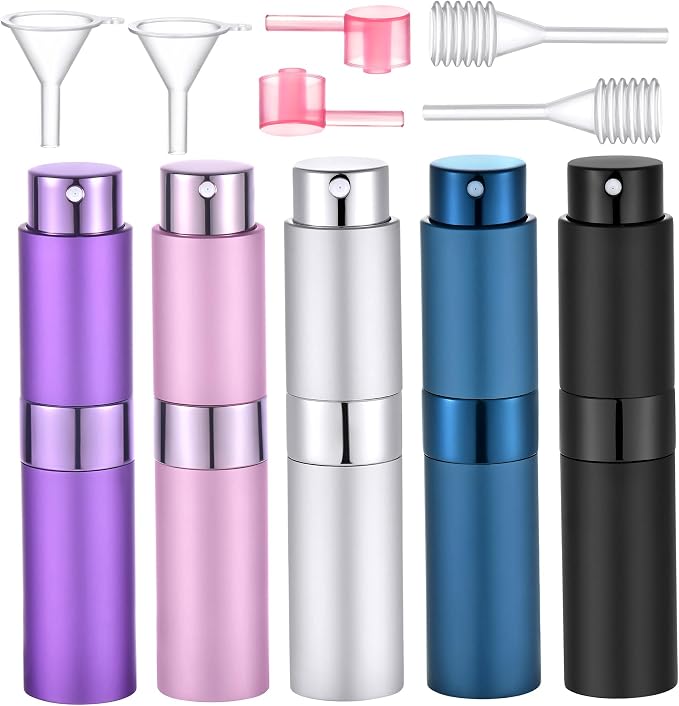 5 Pcs Travel Perfume Atomizer Refillable, 8ml/0.27oz Portable Mini Cologne Spray Bottle Travel Size Perfume Refill Bottle with Fine Mist Atomizer and Tool