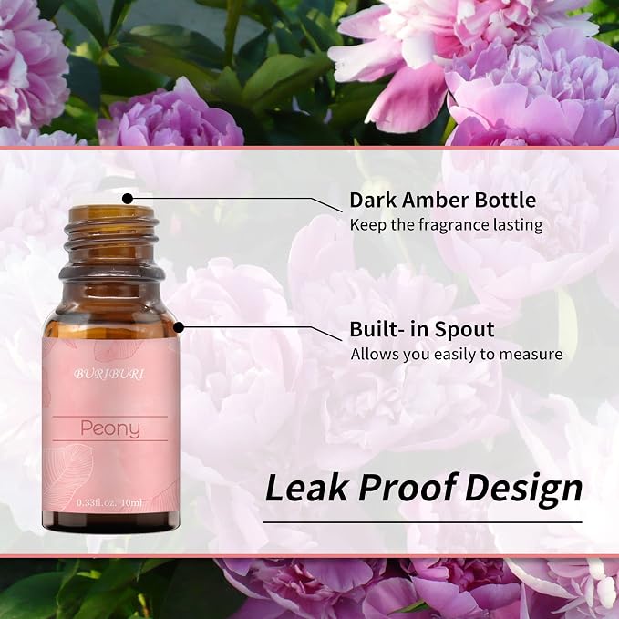 BURIBURI Rose Oil and Peony Essential Oil Set 2 Pack, 100% Pure Diffuser Rose Essential Oil 10ml for Massage, Soap Making