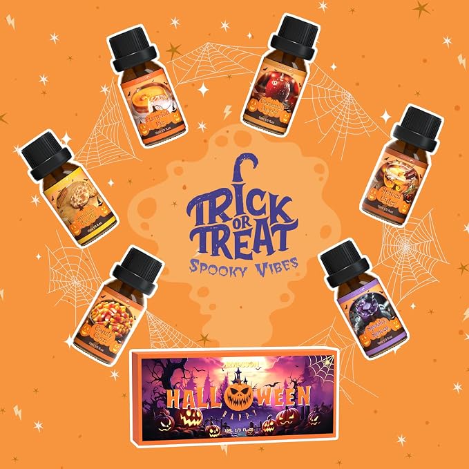 ARVIDSSON Halloween Fragrance Oils Set, Fall Essential Oils for Diffuser - Pumpkin Pie, Spiced Cider, Caramel Apple, Candy Corn, Snickerdoodle, Spooky Spices, Autumn Scented Oil