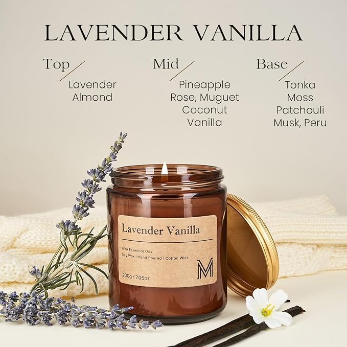 M&SENSE Lavender Vanilla Scented Small Candle, 7.5Oz Aromatherapy Candle for Home Fragrance, Soy Wax Candles Gift for Birthday, Housewarming, Amber Jar Candle for Stress Relief, Meditation, Yoga