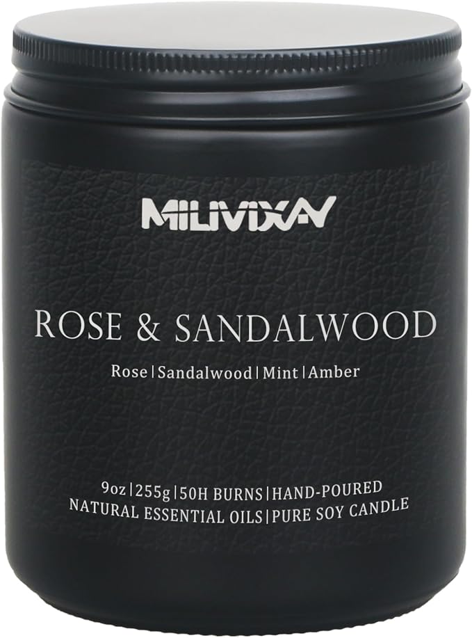 MILIVIXAY Candle for Men Rose & Sandalwood Scented Classic 9oz Jar Single Wick Candle, Soy Wax Candle for Consistent Burn, Over 50 Hours of Burn Time, Ideal for Creating Relaxing & Holiday Gifting.