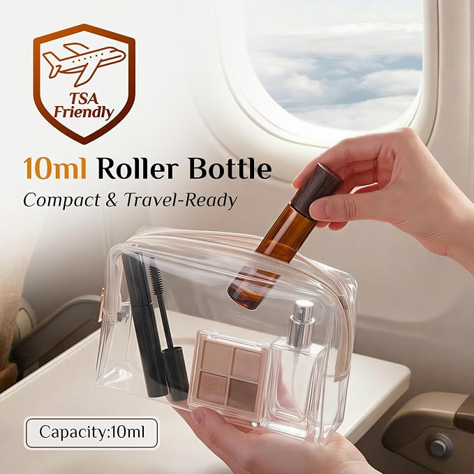 PrettyCare 4 Pack, 10 ml Essential Oil Roller Bottles with Stainless Steel Roller Ball - Refillable Leak-proof Empty Thick Amber Glass Roll on Bottles with Wooden Caps for Travel, Perfume