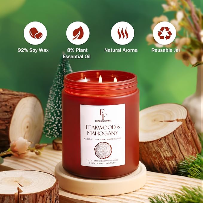 Teakwood & Mahogany Large Christmas Scented Candle, 3-Wick 22oz Long Lasting Scented Candle, Natural Soy Wax Aromatherapy Candle for Home, Holiday Candle Gifts for Women Men