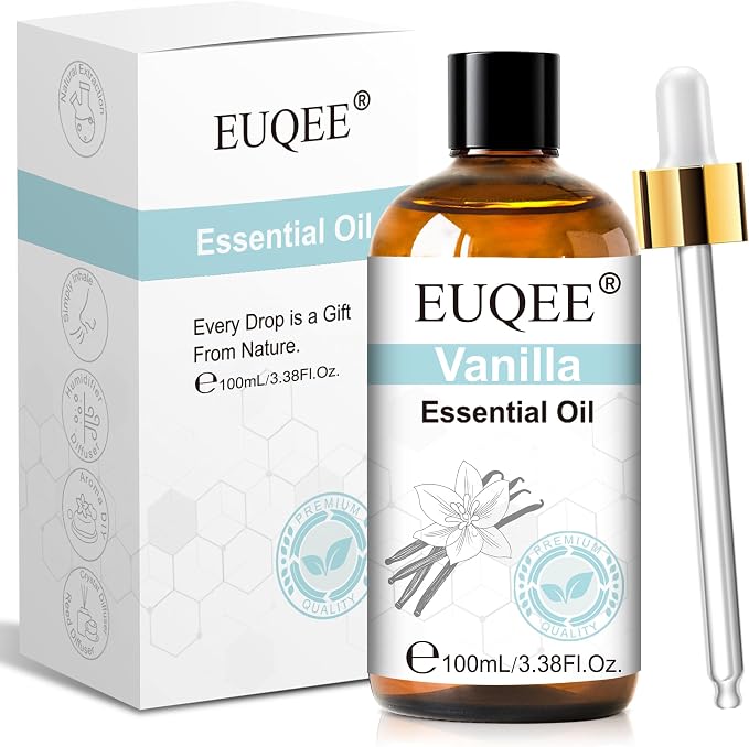 EUQEE Vanilla Essential Oil 100ML, Pure Natural Vanilla Oil for Diffuser Aromatherapy, Candle Soap Making, Massage, DIY Fragrance, Skin & Hair Care - 3.38 Fl Oz