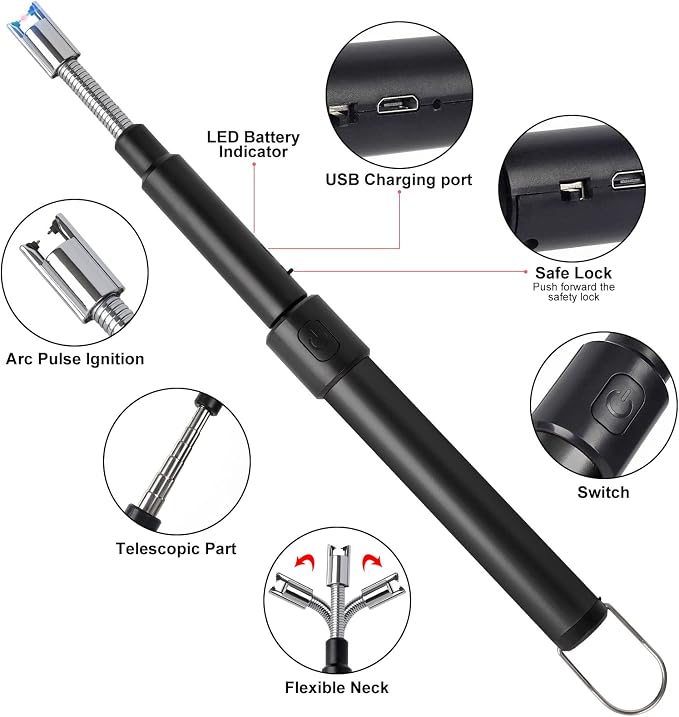 Candle Arc Lighters Long Flexible Neck 70cm Rechargeable Telescopic Electric Flameless Lighter for Kitchen Fireplace Pilot Light BBQ Stove (Black)