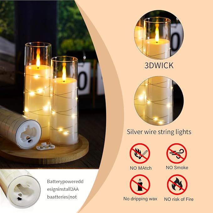 Flameless Candles,with Embedded Star String, Battery Operated Candles Flickering LED Pillar Candles with Remote Control and Timer, Home Decoration Add a Warm and Romantic Atmosphere，Set of 7 (White)