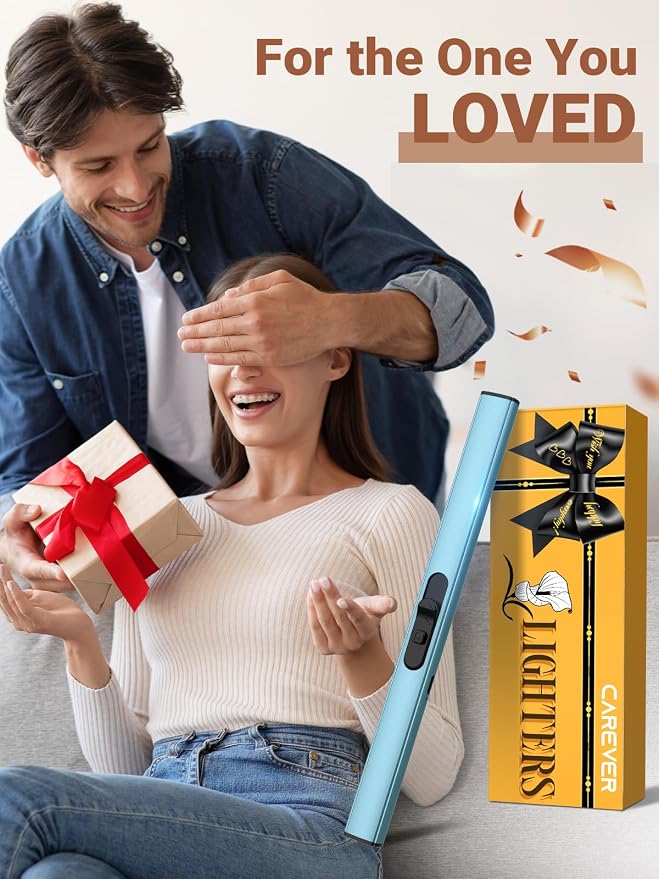 Candle Lighter Stocking Stuffers for Women Men, Electric Candle Lighter USB Rechargeable Graduation Gifts for Wife Girlfriend Safety Lock Long Lighters for Grill Kitchen BBQ Camping,Blue