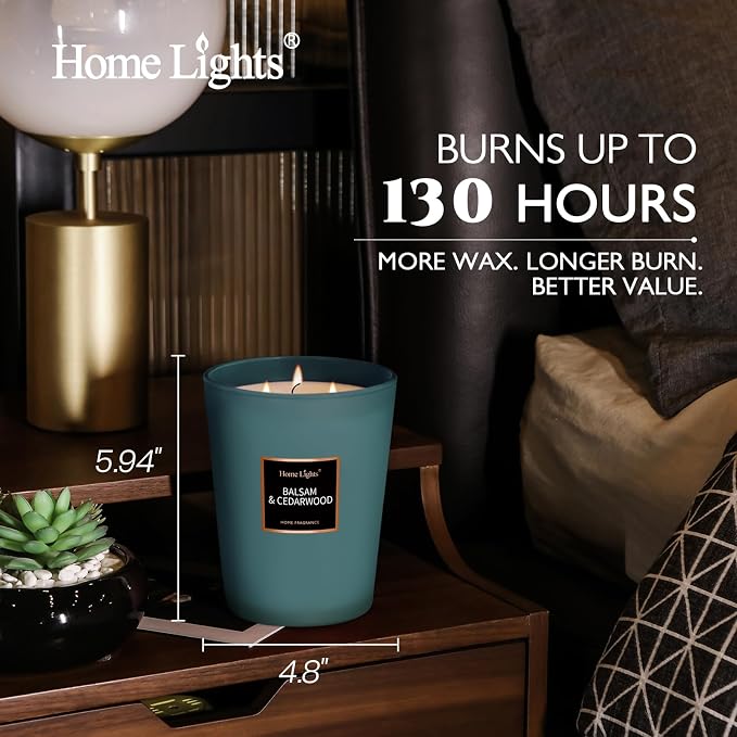 HomeLights Highly Scented Soy Candles Big 33.3 oz for Home. 3 Cotton Wicks, Smokeless Long Lasting 130 hrs in Balsam & Cedar. 5x6, Great Gift for Women & Men