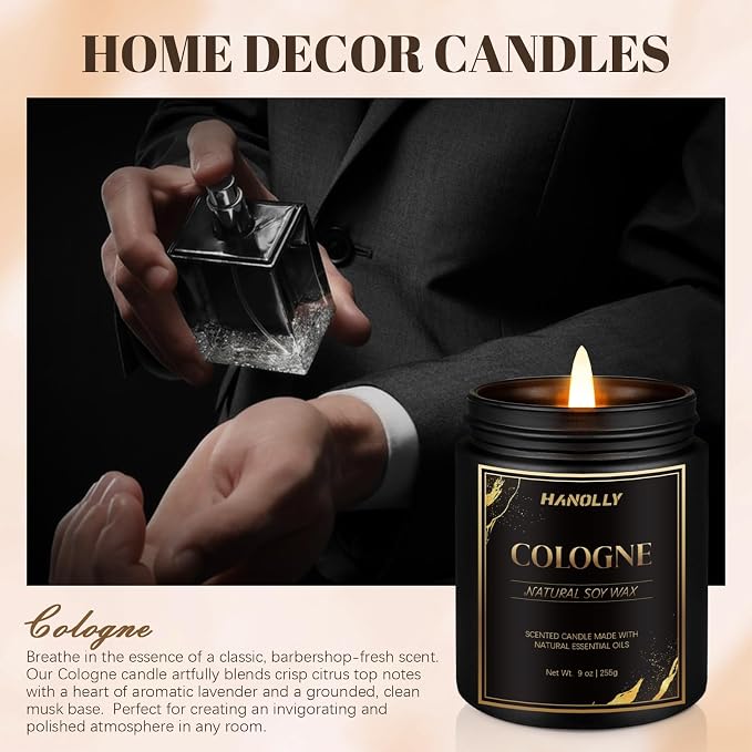 Cologne Candle,9 oz Scented Candles for Home Soy Candle Wax, Birthday Fathers Gifts for Father Dad, Masculine Aromatherapy Candles for Men, Perfect for Creating a Classic Ambiance