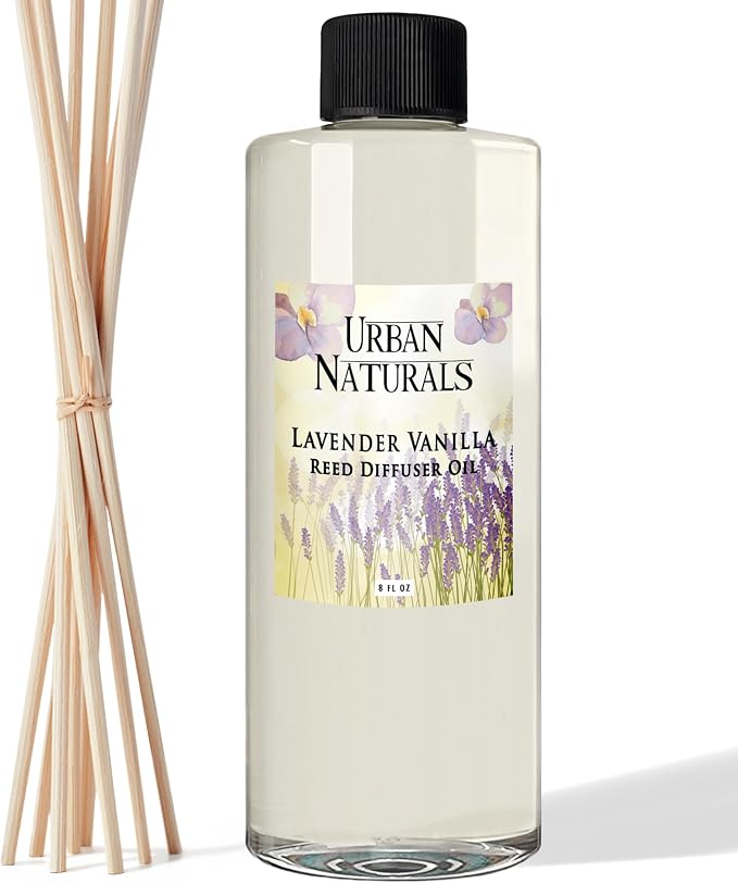 Urban Naturals Reed Diffuser Oil Refill Lavender Vanilla with Creamy Vanilla, White Woods 8 oz + Free Reed Sticks, Made in the USA