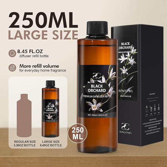 Diffuser Oil Refill, 250ml / 8.45 fl oz, Black Orchard - Reed Diffuser Oil Refill for Home Fragrance, Scented Oil for Reed Diffuser Bottles, Jasmine, Sandalwood & Musk Notes
