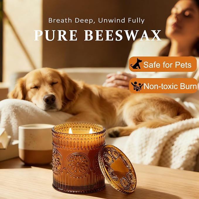 2-Wick Beeswax Candles in Jar, Natural Beeswax Candles in Amber Glass for Air Purification, Honey Aroma Jar Candle for Home Scented Decor, Gift for Women & Men, Fragrance Free, Paraffin Free
