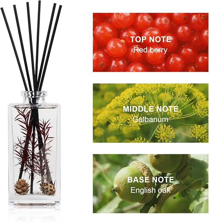 Wood & Willow Reed Diffuser Set with Dried Flowers, 5 fl. oz., Long-Lasting Home Fragrance - Wild Rose & Oud, Red Berry & Oak, Bergamot & Amber, Decorative Floral Design (Red Berry & Oak)