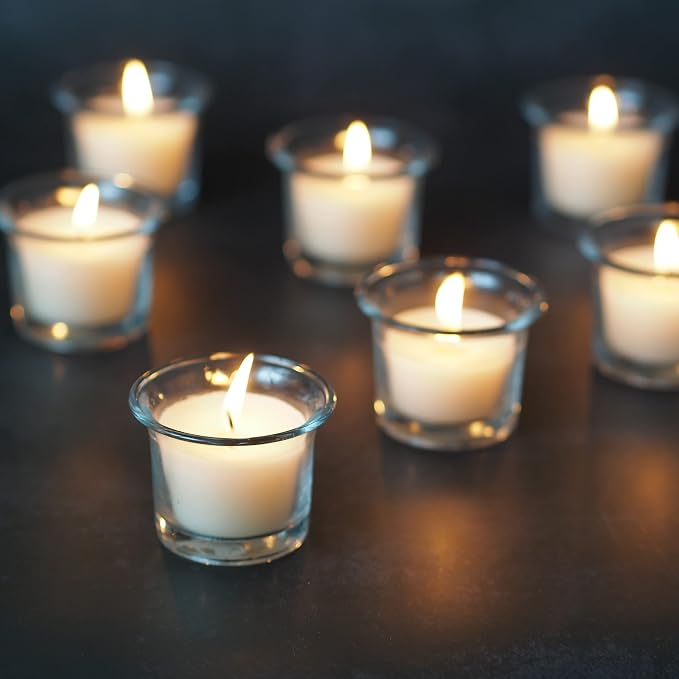 HOSLEY Oyster Cup Clear Glass Filled Candles 48 Pack Ivory Hand Poured Unscented Wax Candles for Home Restaurants Shabbat Church Weddings Romantic Moments Party Spa Meditation